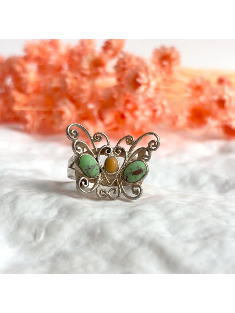 Turquoise & Coral Gemstone Butterfly Sterling Silver 925 Vintage Ring - sz 6.75 - Picture 11 of 16